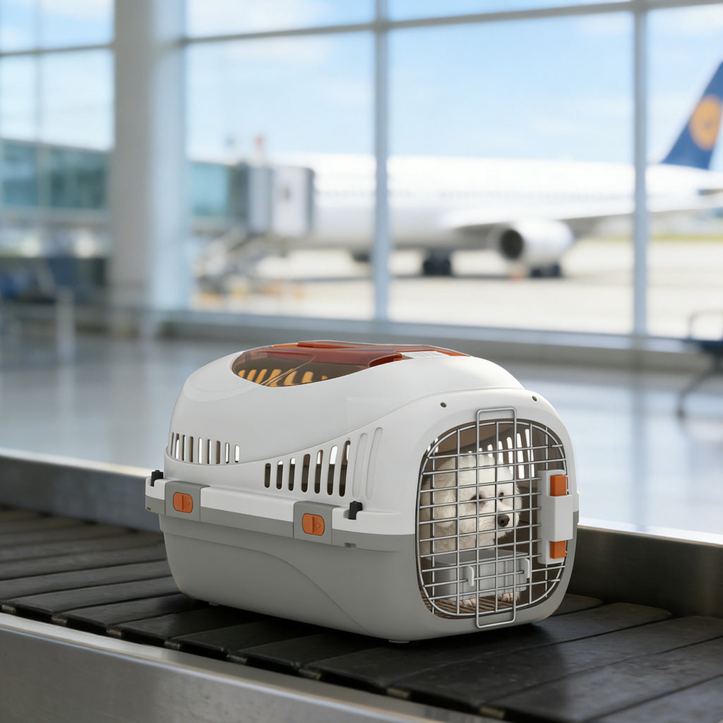 Plastic Pet Carrier Hard Shell Dog Cat Carrier Max 4 KG Steel Door Feed Bowl Secure Lock 49 x 32 x 31 cm