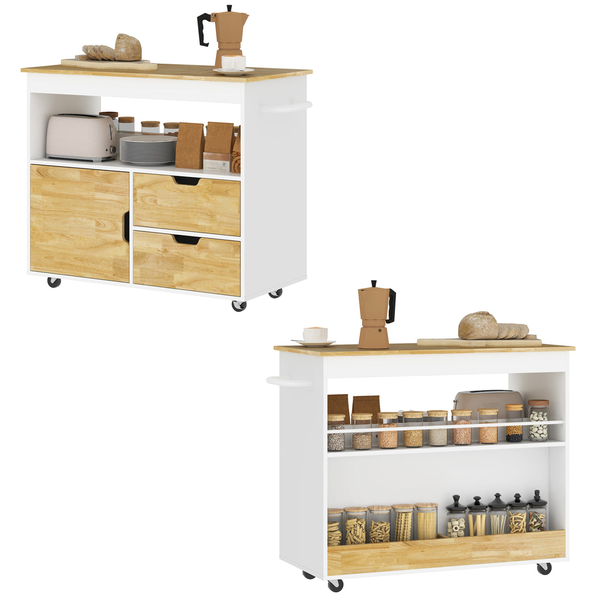 K¨¹chenwagen, Rollbare K¨¹cheninsel, K¨¹chen-Trolley mit F?chern, Schrank und Arbeitsfl?che, Wei?