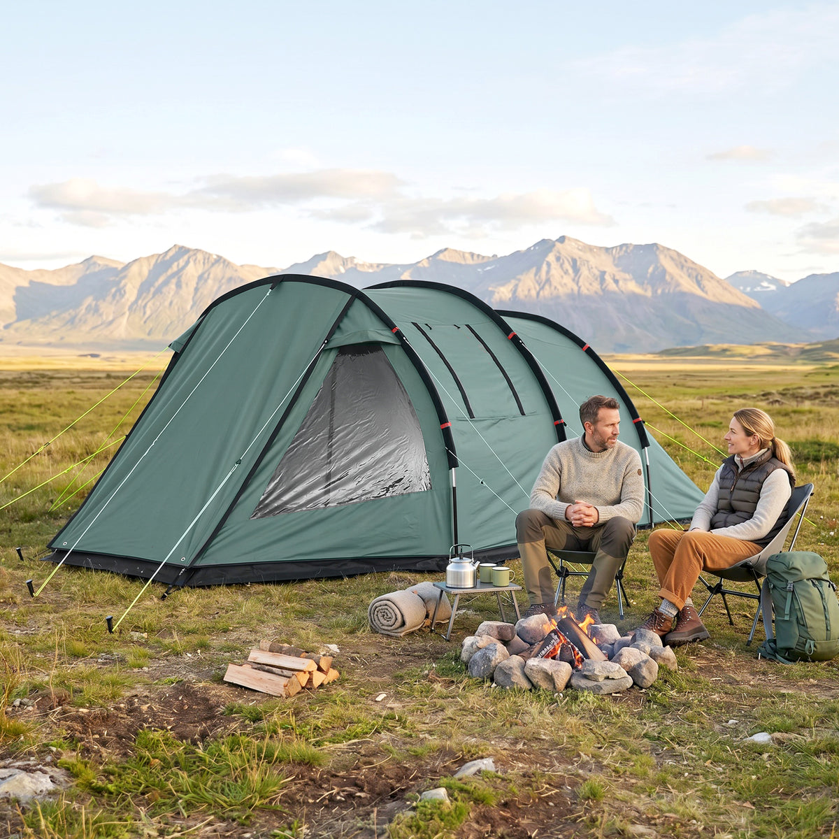 Two Room Tunnel Tent Camping Tent for 3 Man with Windows, Covers, Carry Bag, for Fishing, Hiking, Sports, Green