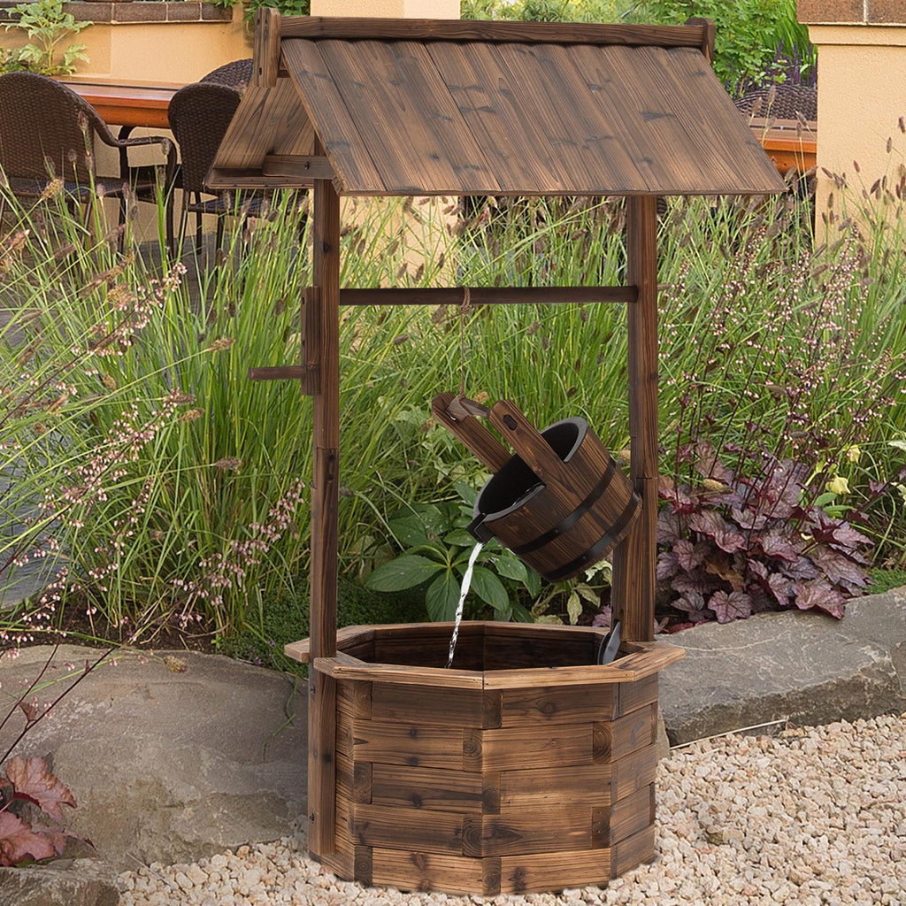Springbrunnen aus Holz Outdoor Gartenbrunnen mit plätscherndem Wasser Dekorationsbecken Ornamenten Pumpe Wasserspiel Terrassenbrunnen für Garten Terrasse Rasen 68 x 57 x 118 cm Braun