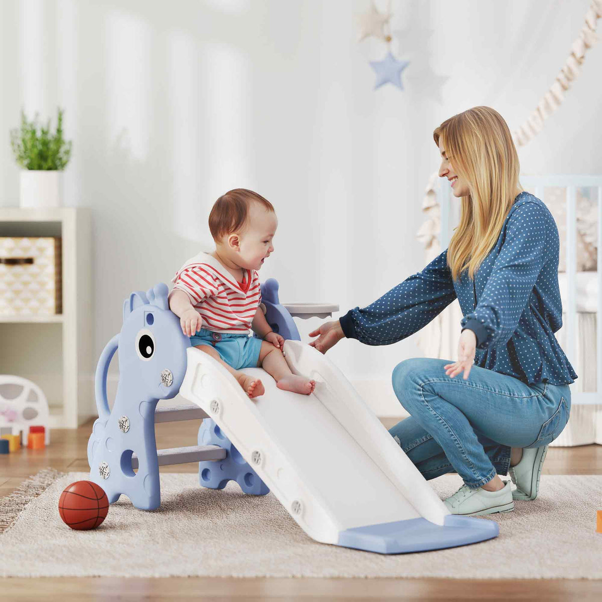 3 in 1 Kids Slide with Climber, Basketball Hoop and Ball, Giraffe Shape Climber Slide for Indoor Kids Age 1-3, Blue