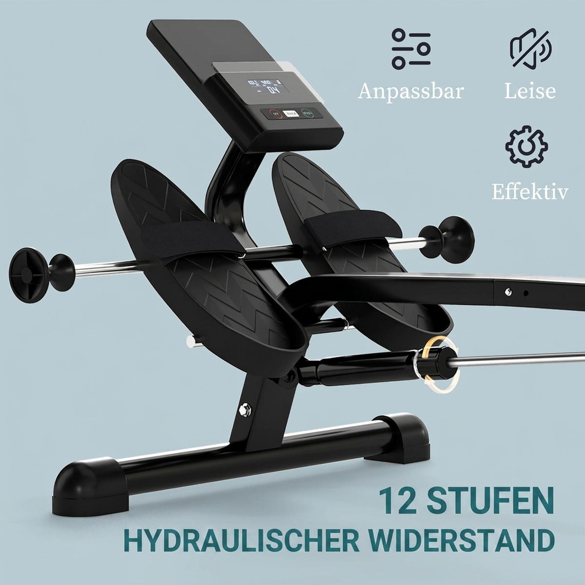 Hydraulisches Rudergerät für Zuhause mit 12 Widerstandsstufen, mit LCD-Bildschirm und rutschfesten Pedalen Max. 130 kg