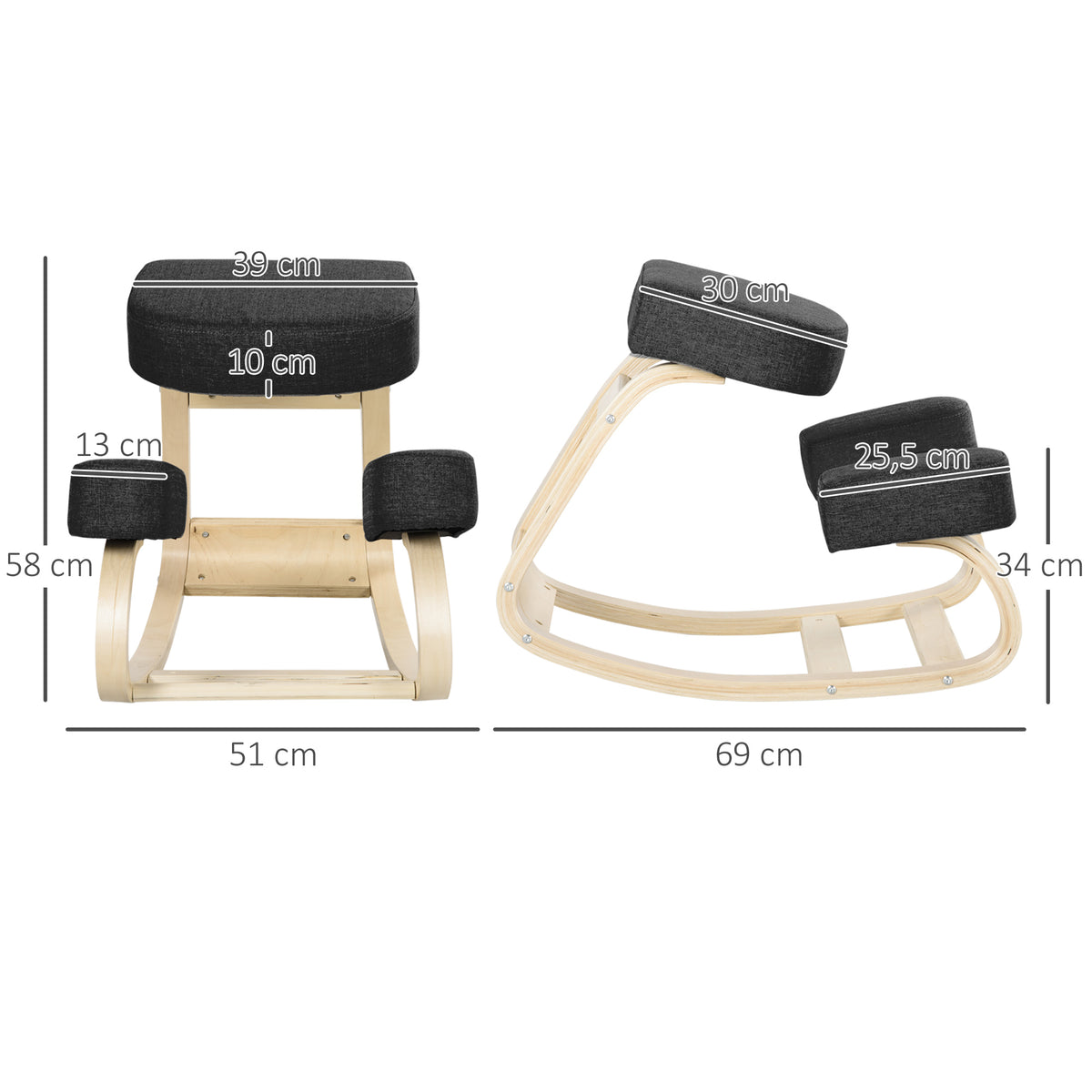 Kniestuhl, ergonomischer Sitzhocker, Polsterhocker f¨¹r gesunde Sitzhaltung, Birkenholz, 120 kg belastbar, Schwarz
