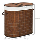 100L Bamboo Laundry Basket with Lid, Washing Basket with 2 Compartments, Handles, Removable Liner, Brown
