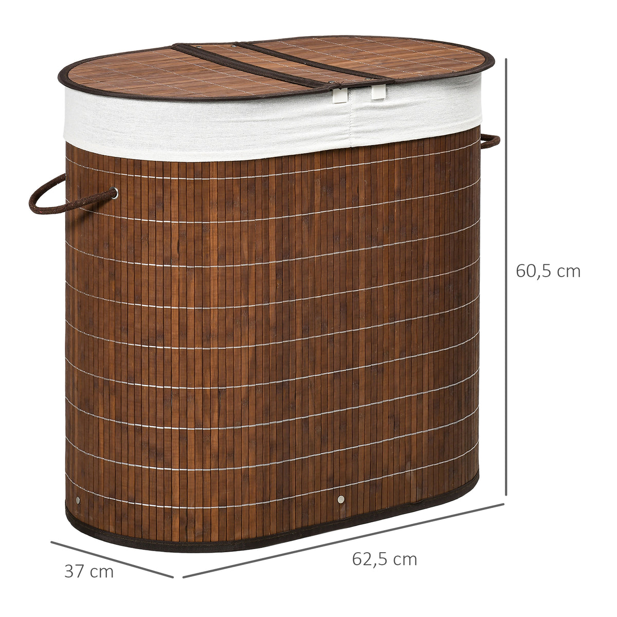 100L Bamboo Laundry Basket with Lid, Washing Basket with 2 Compartments, Handles, Removable Liner, Brown