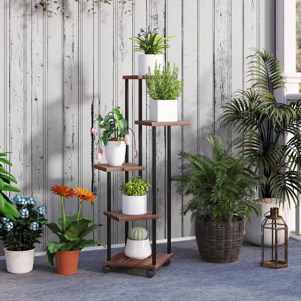 Blumenst?nder mit 5 Ebenen, 5-stufiger Pflanzenst?nder, versetztes Design, leicht zu verschieben, Holz, Stahl