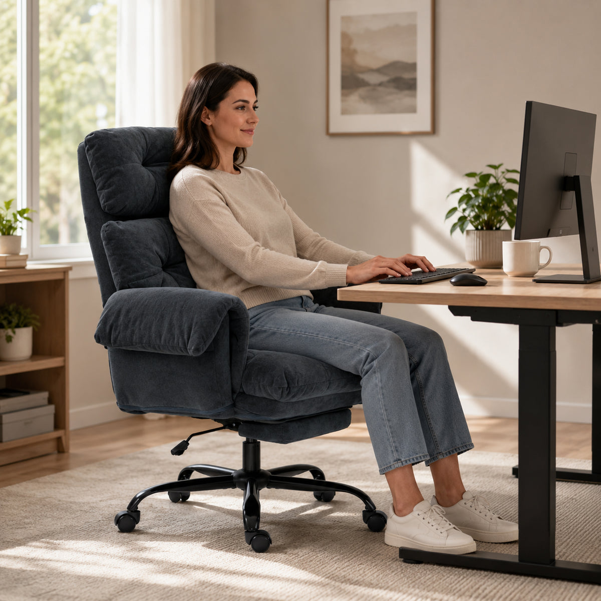 Bürostuhl mit verstellbarer Rückenlehne, rollbarer Polsterstuhl, Polstersessel, höhenverstellbar, Stahl, Dunkelgrau