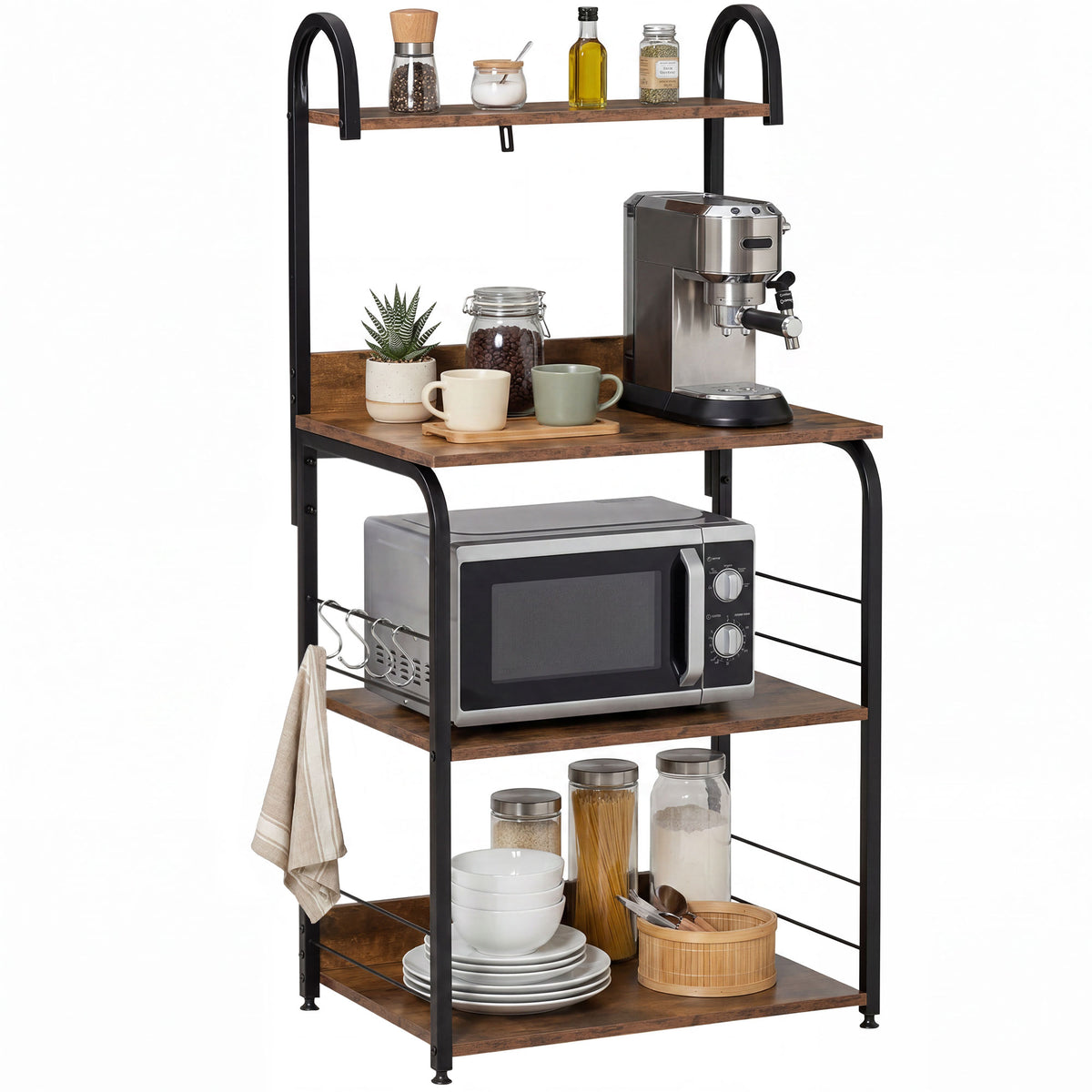 4-Tier Baker's Rack, Microwave Stand with 4 Hooks, Kitchen Storage Unit for Spices, Pots and Pans, Rustic Brown