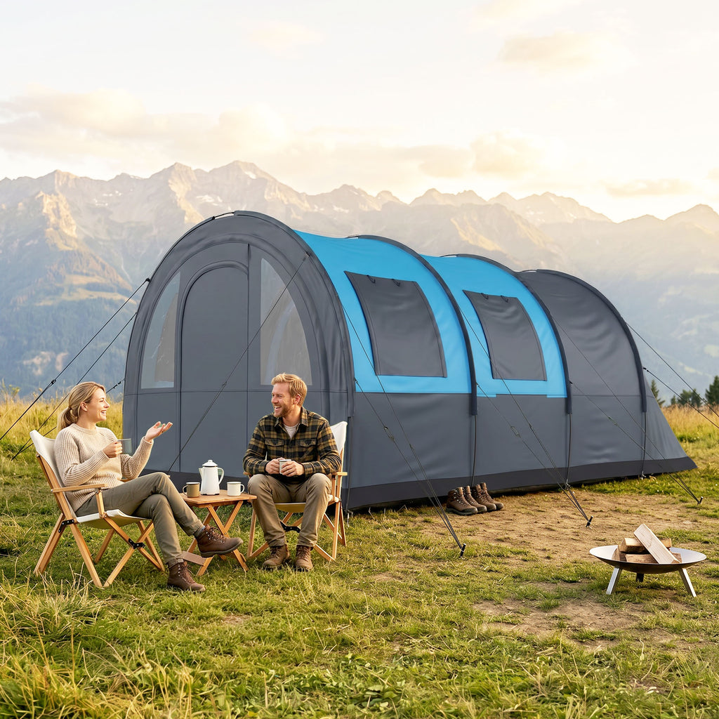 Three Man Duo Room Tunnel Tent, with Accessories - Grey/Blue
