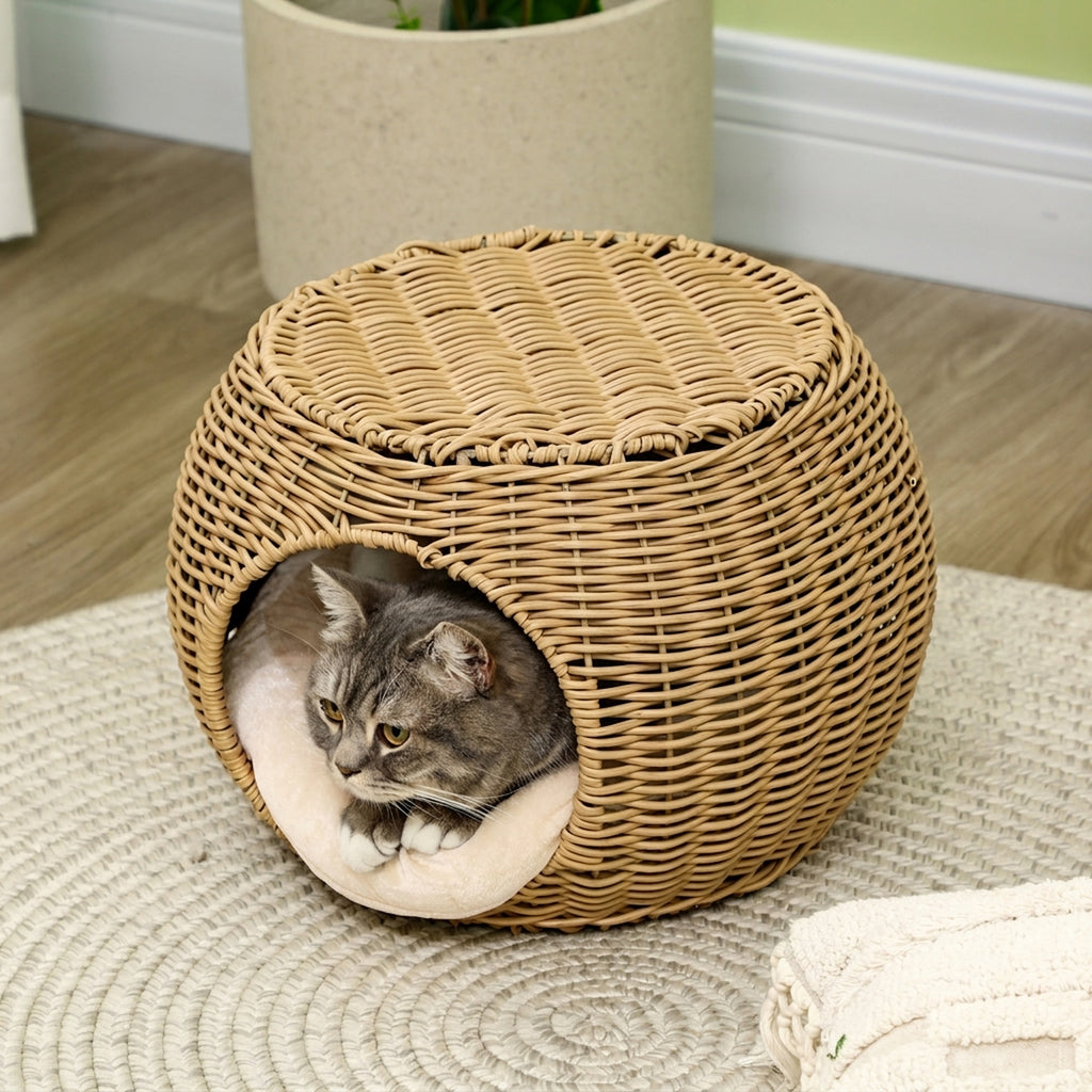 Katzenkorb Rattan zweistöckig Katzenbett Katzenkörbchen mit Kissen Vordertür für Katze unter 3,5 kg Ø40 x 30 cm