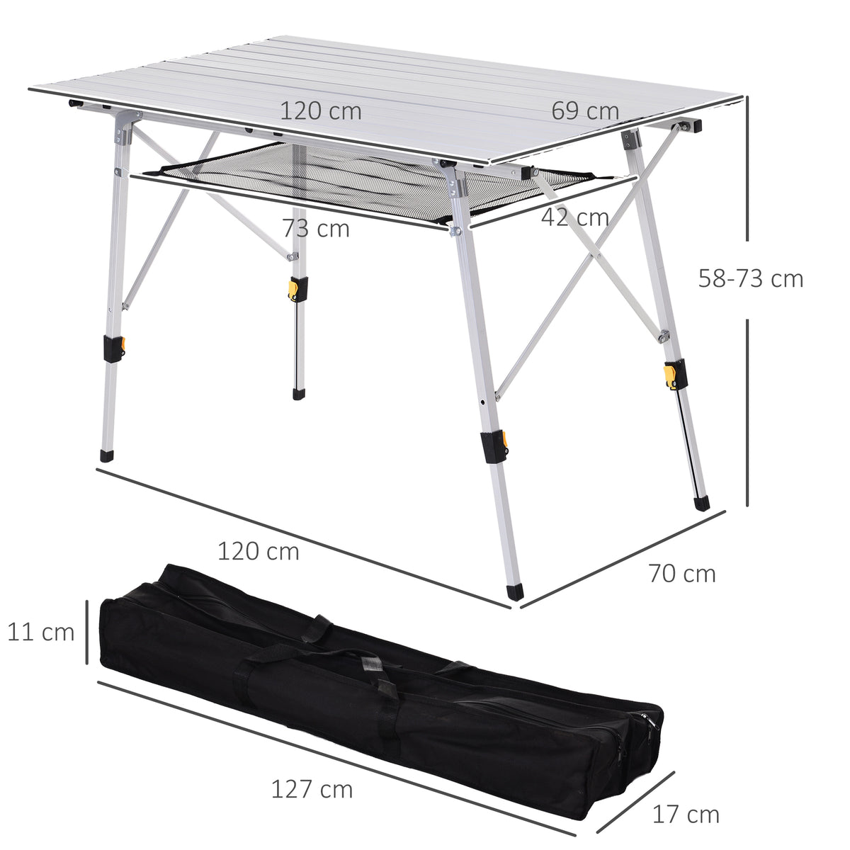  4FT Folding Aluminium Picnic Table Portable Camping BBQ Table Roll Up Top Mesh Layer Rack with Carrying Bag