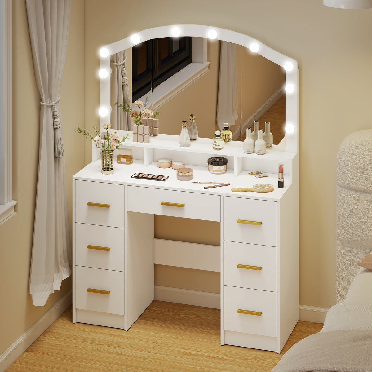 Schminktisch mit 10 LED-Hollywood-Lampen, Spiegel, 7 Schubladen, 3 Fächer, MDF, Weiß