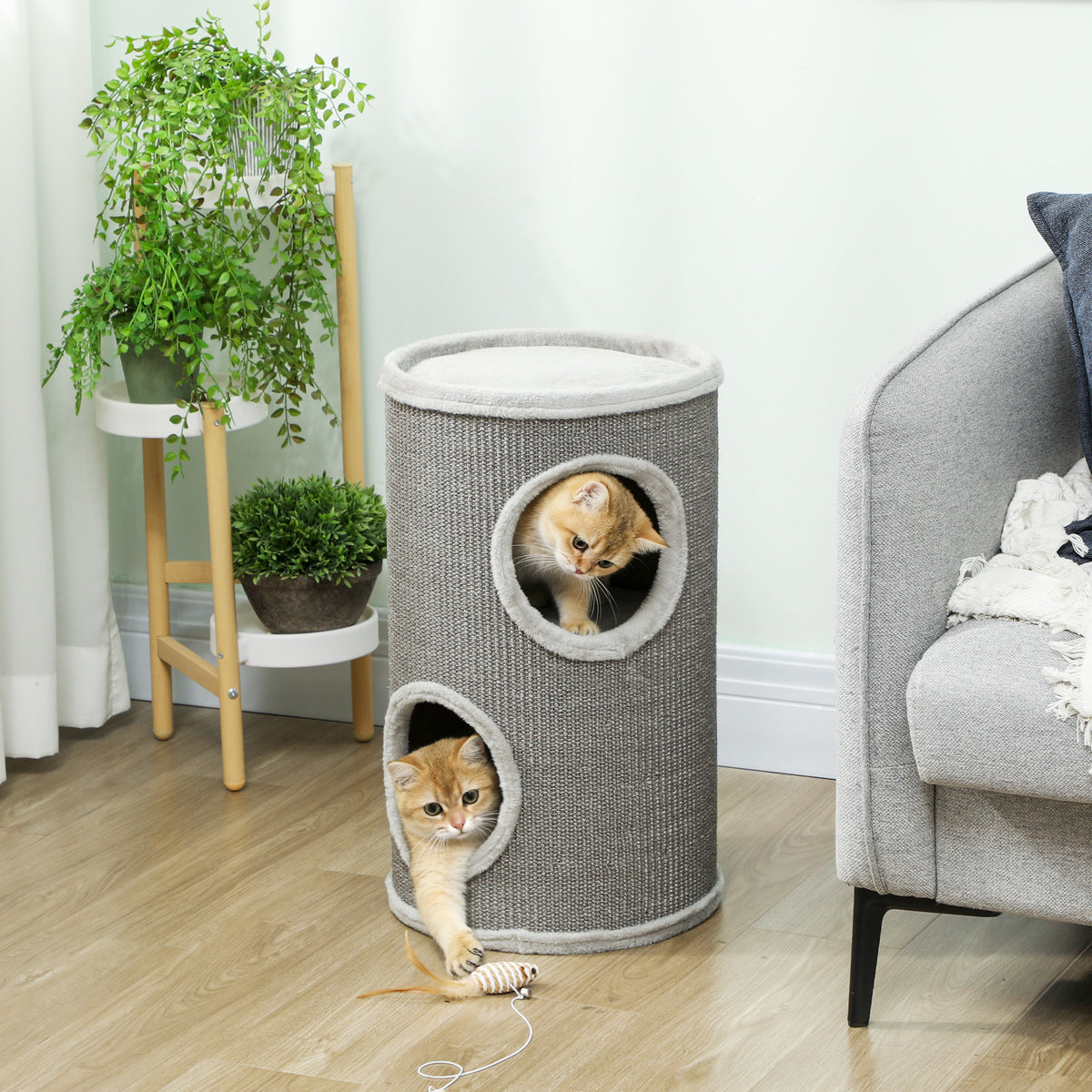 Kratztonne, 60 cm Hoch Ø 35 cm zweistöckige Katzentonne mit 2 Höhle, Plüschrand, für 1-2 Katzen bis 5 kg, Hellgrau