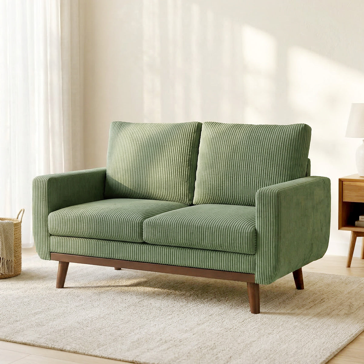 2-Sitzer-Sofa, 134 cm Cord-Sofa mit Taschenfedern, dicker Rückenlehne, Holzlatten-Akzent, Grün