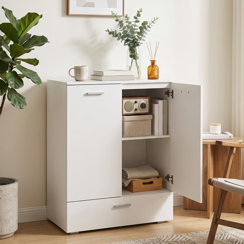 Modernes Sideboard, freistehender Aufbewahrungsschrank mit Schublade und verstellbarem Einlegeboden, Weiß
