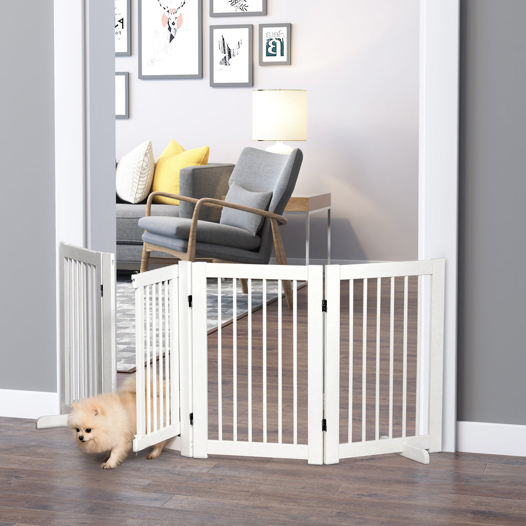 Freestanding Pet Gate 4 Panels Wooden Dog Safety Fence Foldable with Support Feet for Doorway Stairs 91cm Tall White