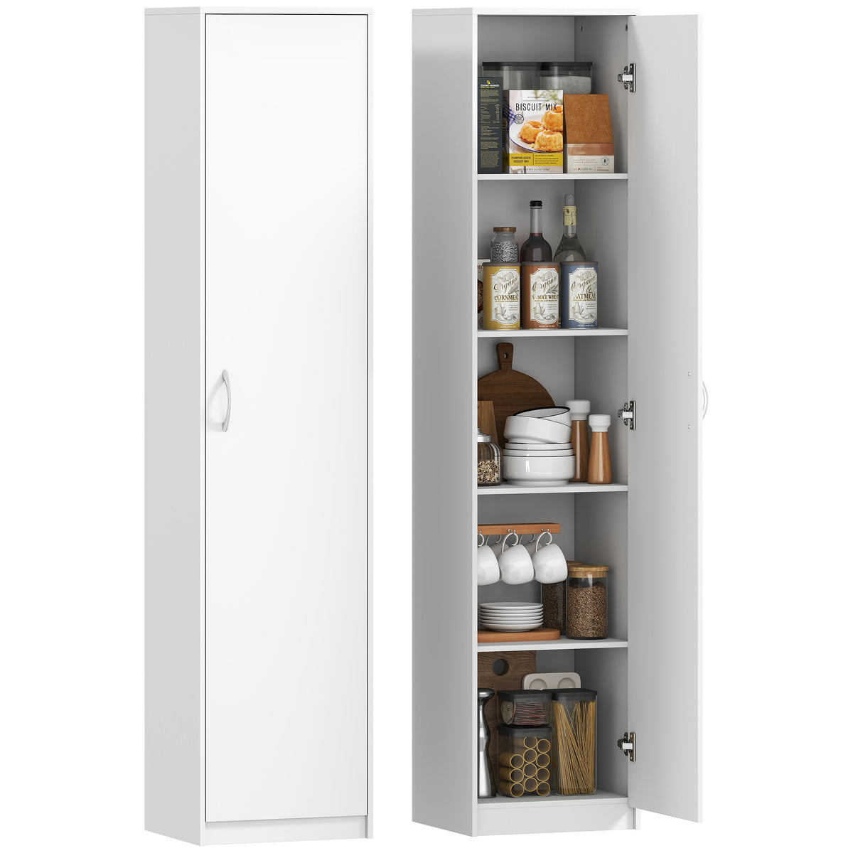 Küchenschrank, 5-Ebenen-Aufbewahrungsschrank, verstellbare Regale, für Wohnzimmer, Küche, Vorratskammer, Holz, Weiß