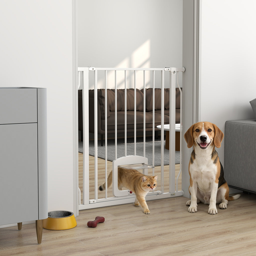 Adjustable Pet Gate with Cat Door, Pressure Fit Barrier for Doorway and Hallway, 75-85 cm, White