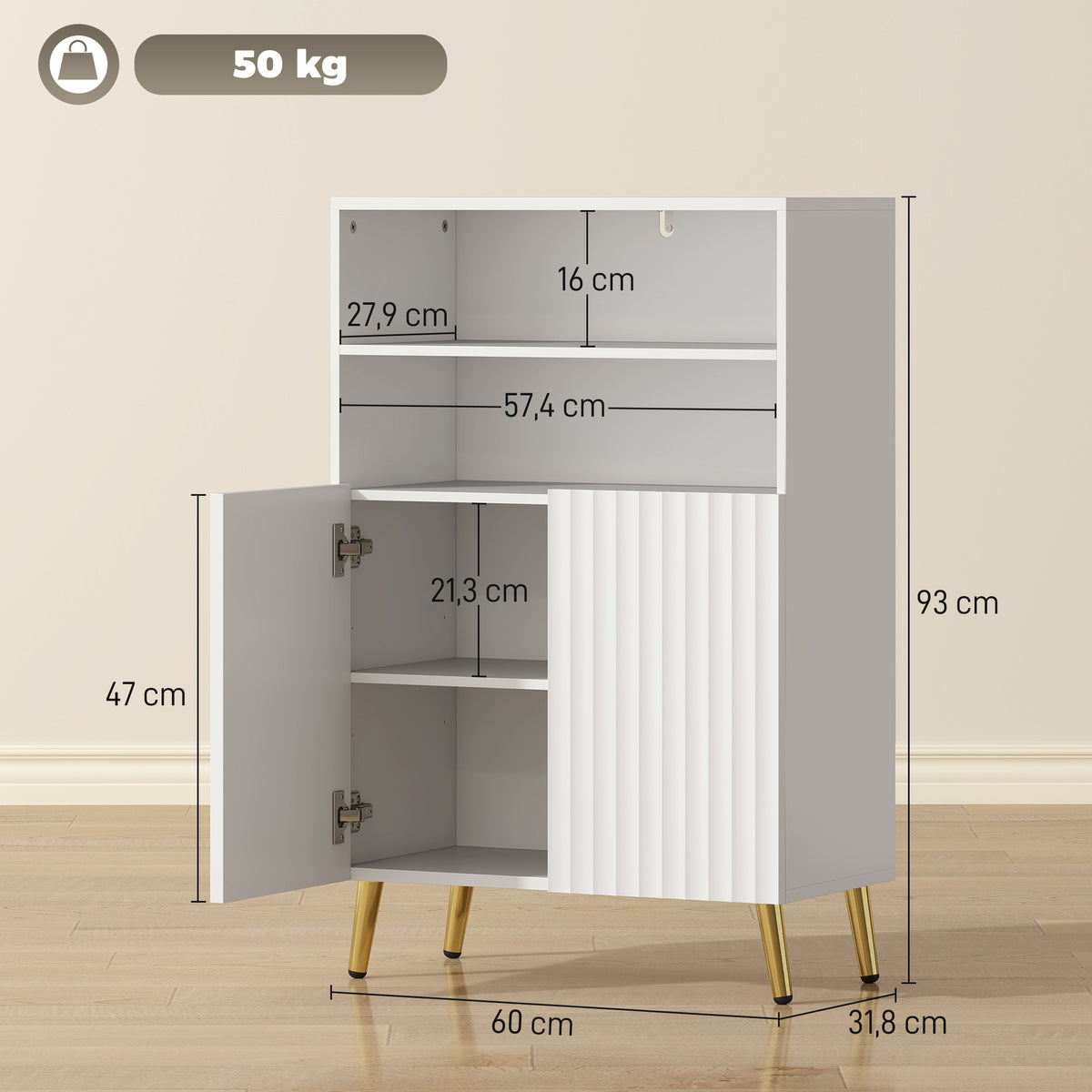 Badezimmerschrank, Kommode f¨¹r Wohnr?ume, Soft-Close-T¨¹ren, 2 offene Regale, MDF, Wei?