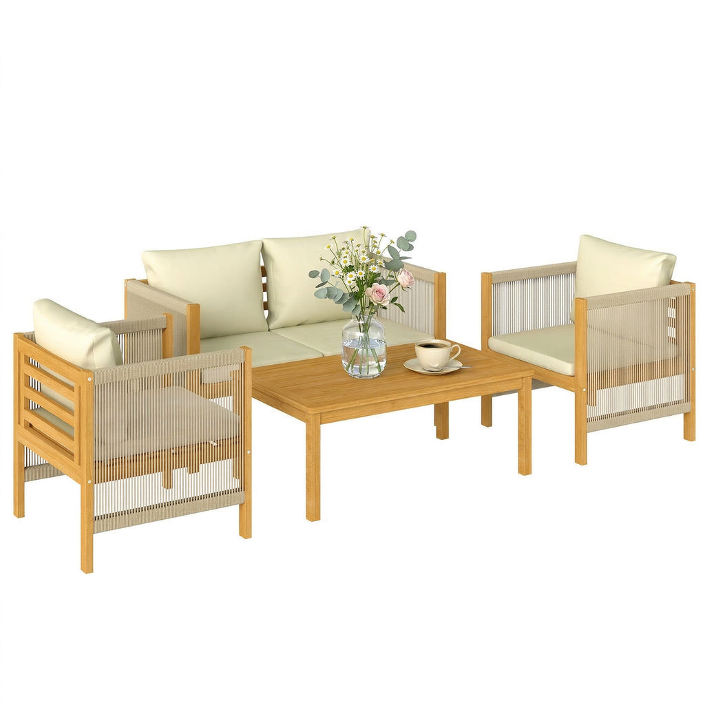 Gartenmöbel Set Holz Sitzgruppe für 4 Personen mit 2er Sofa 2 Sessel Tisch Seilflecht Lamellendesign waschbar Kissen