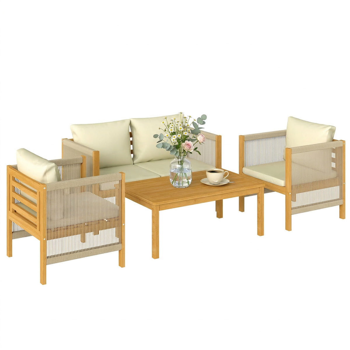 Gartenmöbel Set Holz Sitzgruppe für 4 Personen mit 2er Sofa 2 Sessel Tisch Seilflecht Lamellendesign waschbar Kissen