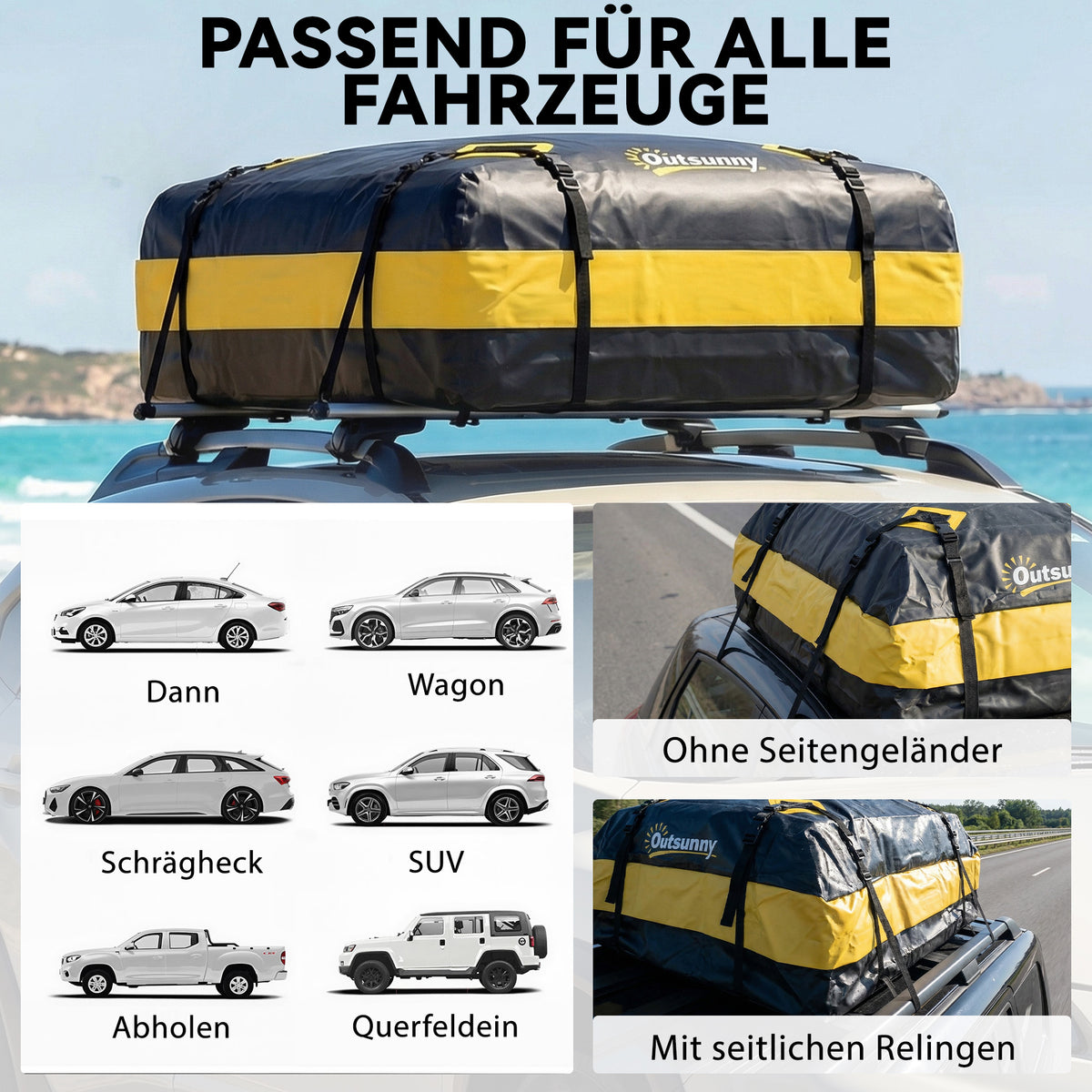Dachbox Auto 425L Wasserdicht 8 Verstärkte Gurte Türhaken Gelb