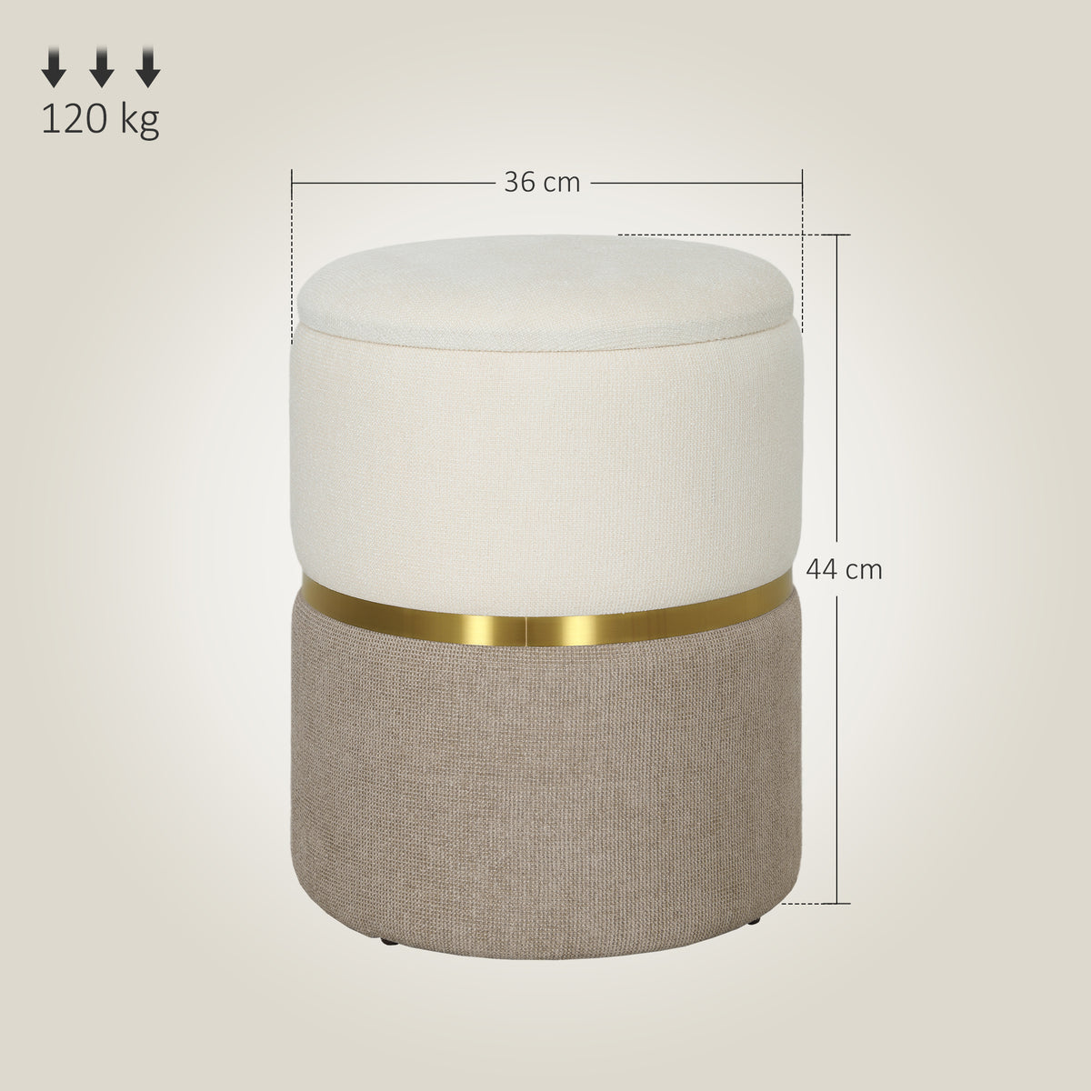 Sitzhocker mit Stauraum Hocker mit Deckel, Metallring, zweifarbig Design 36 x 36 x 44 cm Cremewei?