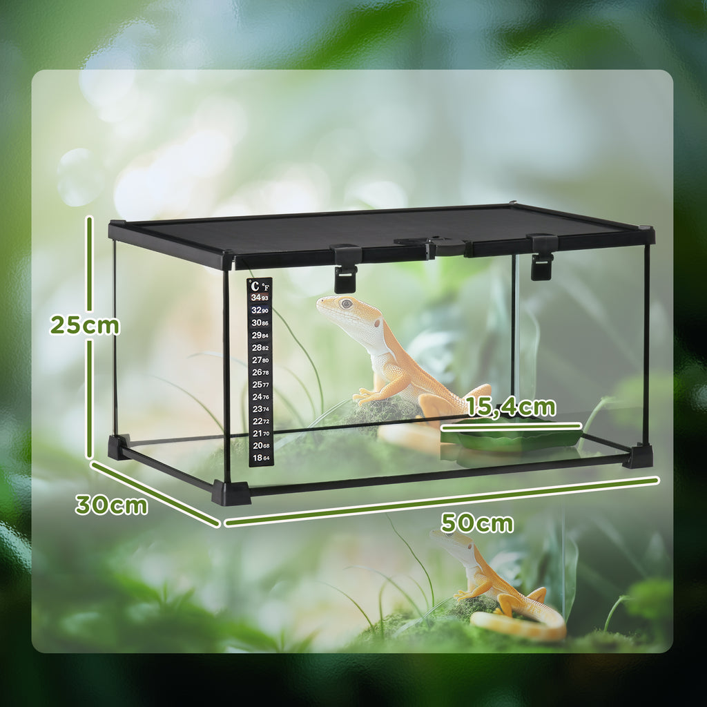 Reptilienbox Terrarium, inkl. Streifenthermometer, Fütterungsklappen, 50 cm x 30 cm x 25 cm, Glas + Metall, Schwarz