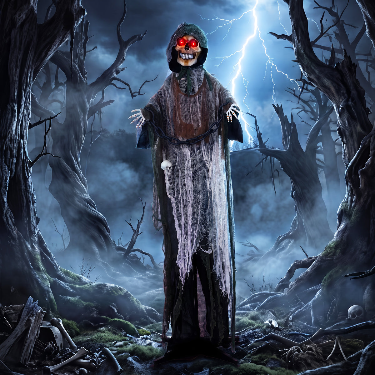 170cm Animated Grim Reaper, Life-Size Halloween Animatronic with Moving Hands/Head, Glowing Eyes, Creepy Sound