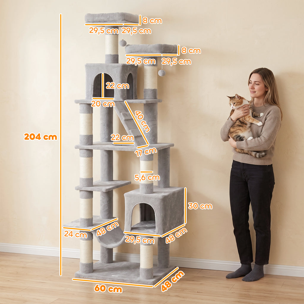 Kratzbaum 204 cm Katzenbaum mit Höhlen Leiter mehrstöckiger Katzenkratzbaum für 1–3 Katzen je bis 6 kg Hellgrau