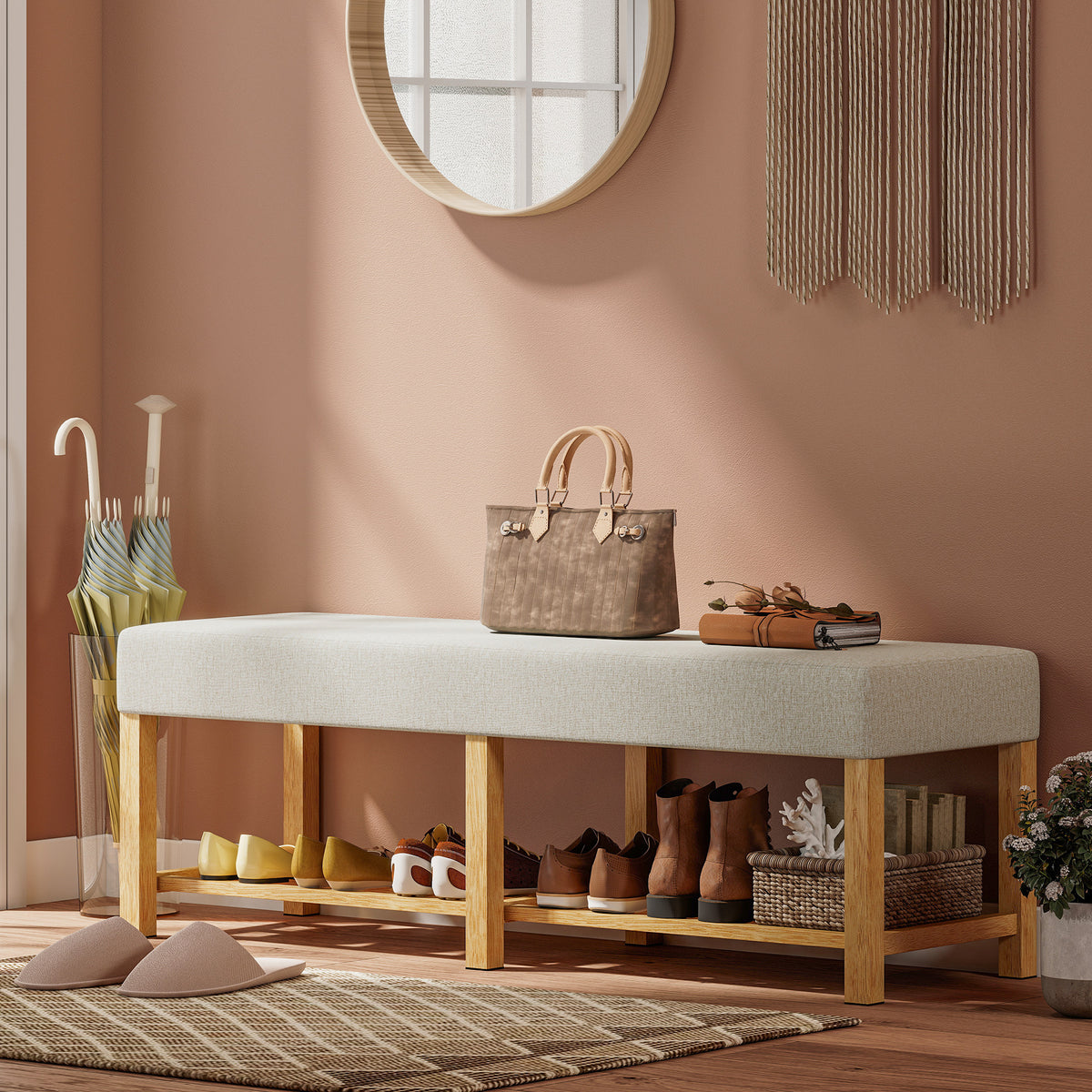 140 cm Schuhbank aus Massivholz, moderne Flurbank mit gepolsterter Sitzfläche für zwei Personen, Naturholz und Cremeweiß