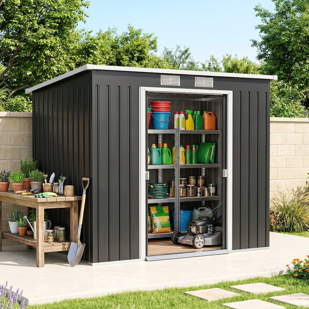 7 x 4ft Galvanised Steel Garden Shed, with Foundation Kit - Dark Grey