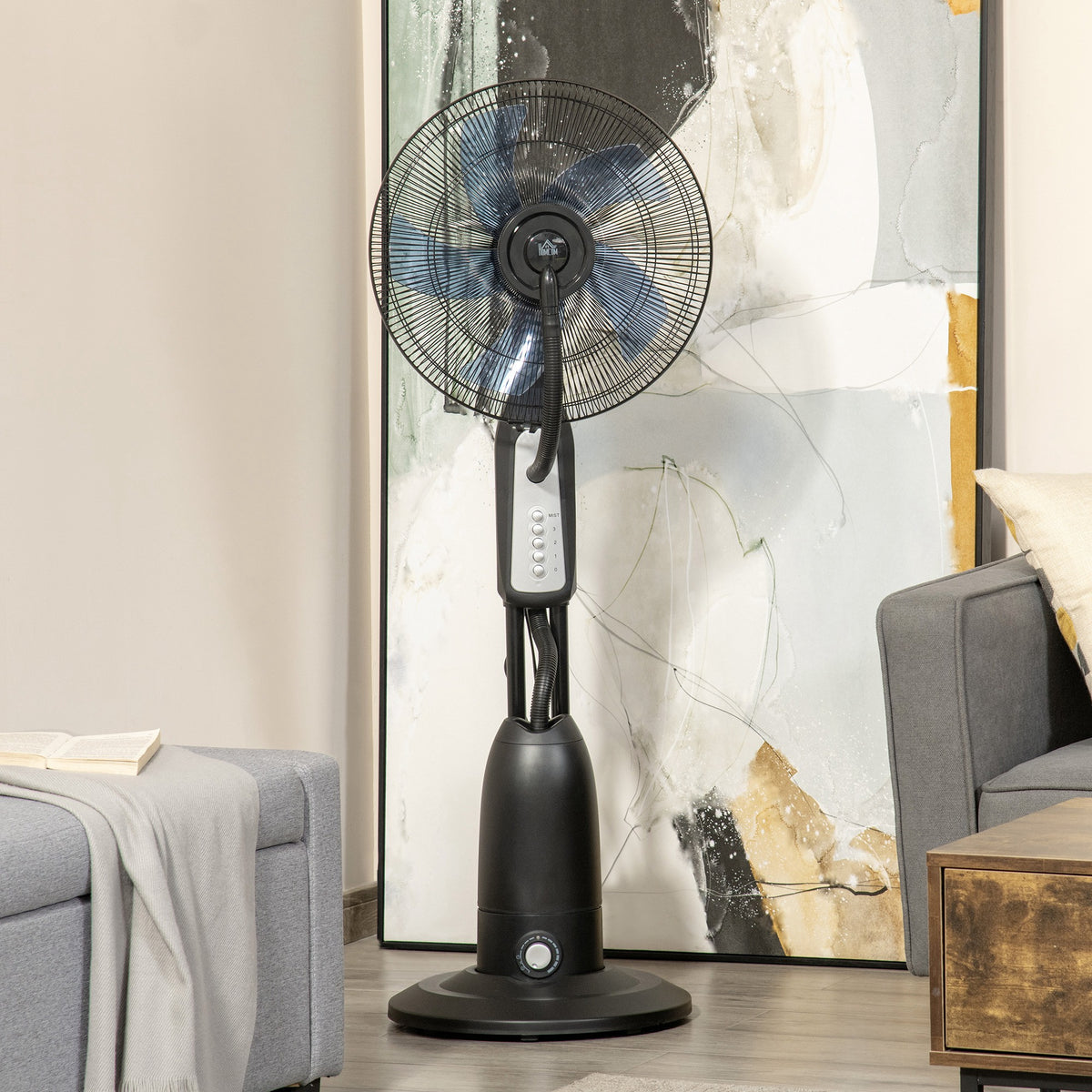 Ventilator mit Wasserkühlung, Standventilator mit Verstellbar Sprühnebel, 3 Geschwindigkeiten, 2,8 L Wassertank, 70° oszillierend, 90 W Wasserventilator mit Rollen, 120 cm