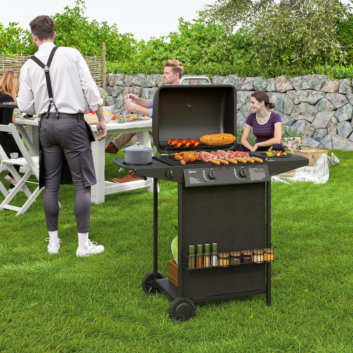 Gasgrill 7 KW Grillwagen inkl 3 Brenner Seitenkocher Rolle Deckel 107 x 54 x 96 cm Schwarz