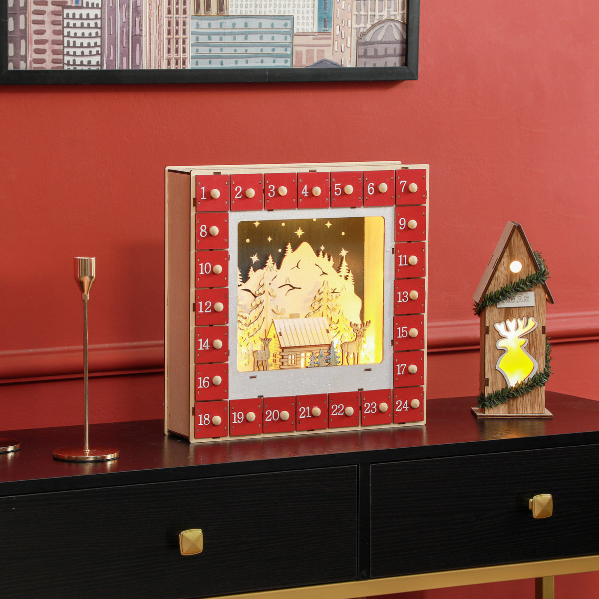 LED Adventskalender mit Dorfszene, 24 große Schubladen, MDF, 34 x 7 x 34 cm, Rot