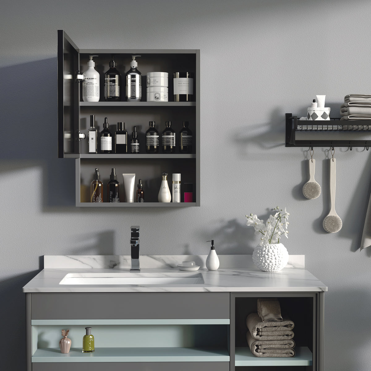 Spiegelschrank, 2 Innenb?den, offenes Regalfach, Stahlgeh?use, schwarz, 46 x 13,5 x 58 cm