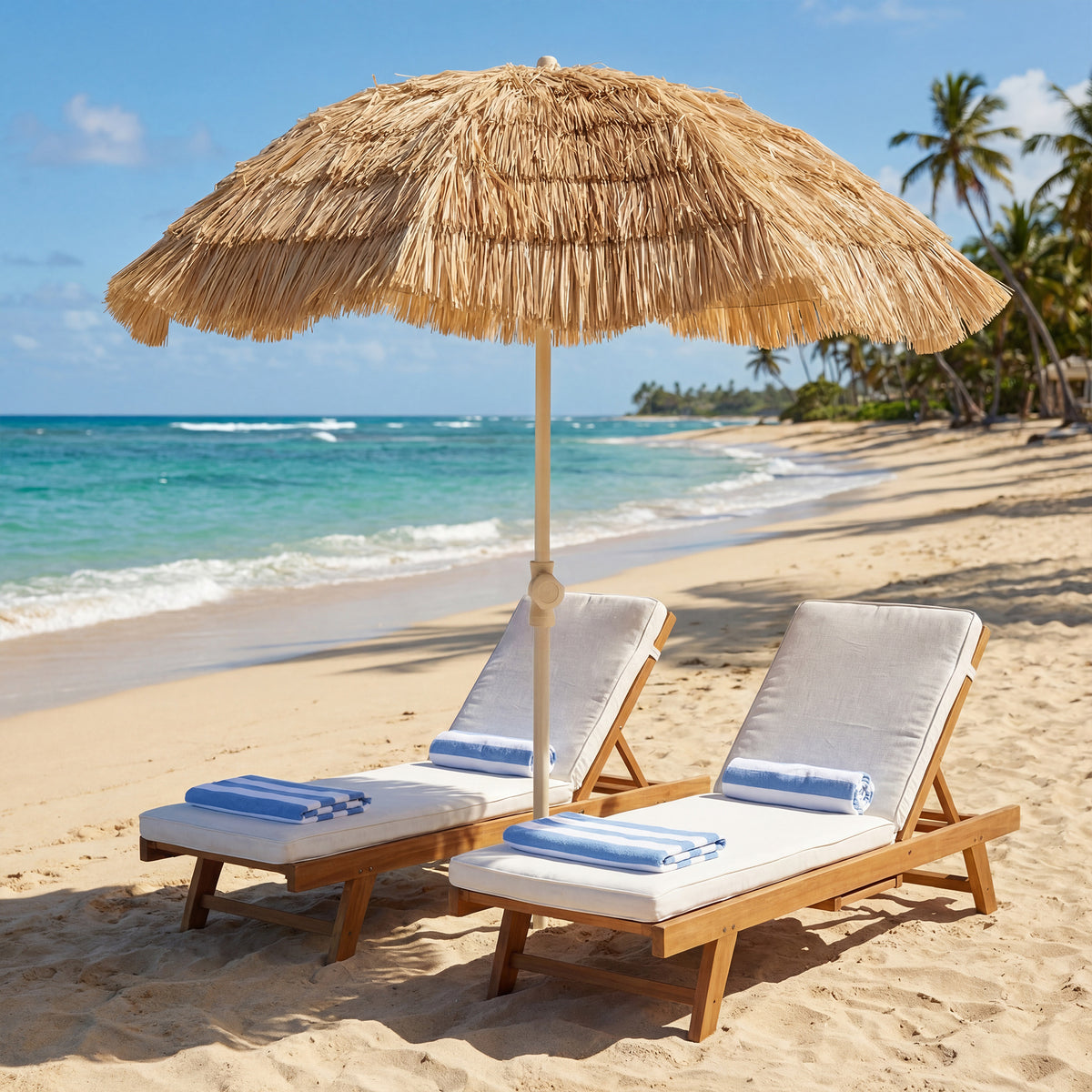 150 cm Hula Strohdach Tiki Strand- und Gartenschirm mit Sandanker, verstellbarer Höhe und Neigefunktion, Strohdach Sonnenschirm