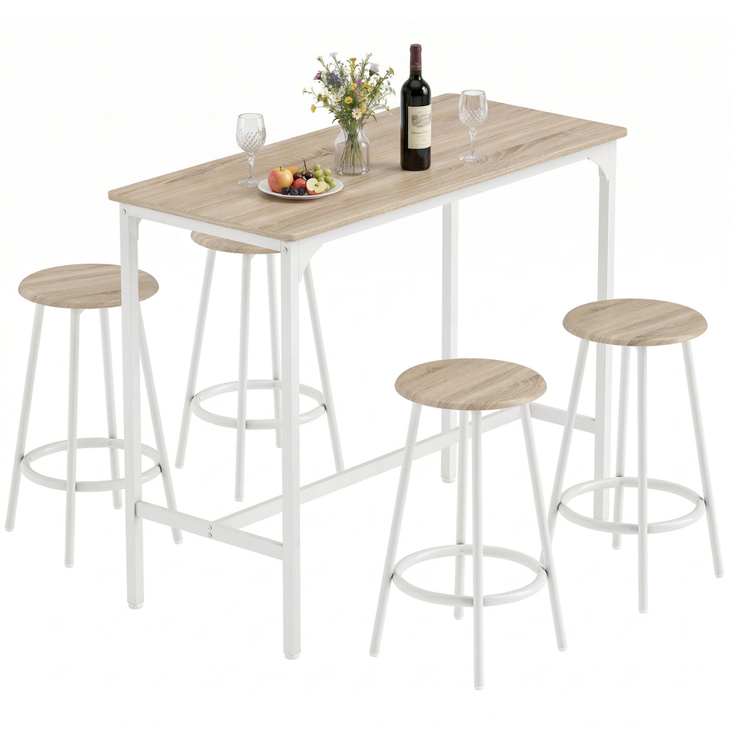 5-teiliges Bartisch-Set für 4 Personen, Industrieller Stehtisch mit Hockern für Küche & Esszimmer, Eiche