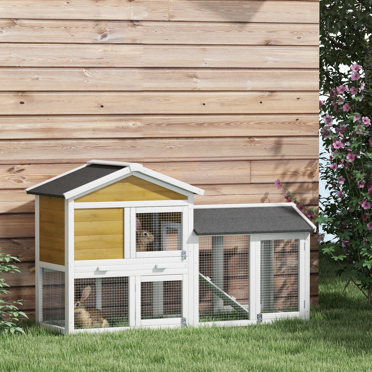 Wooden Rabbit Hutch Outdoor, Double Tier with Water-Resistant Roof, Ramp 147 x 54 x 84 cm, Yellow