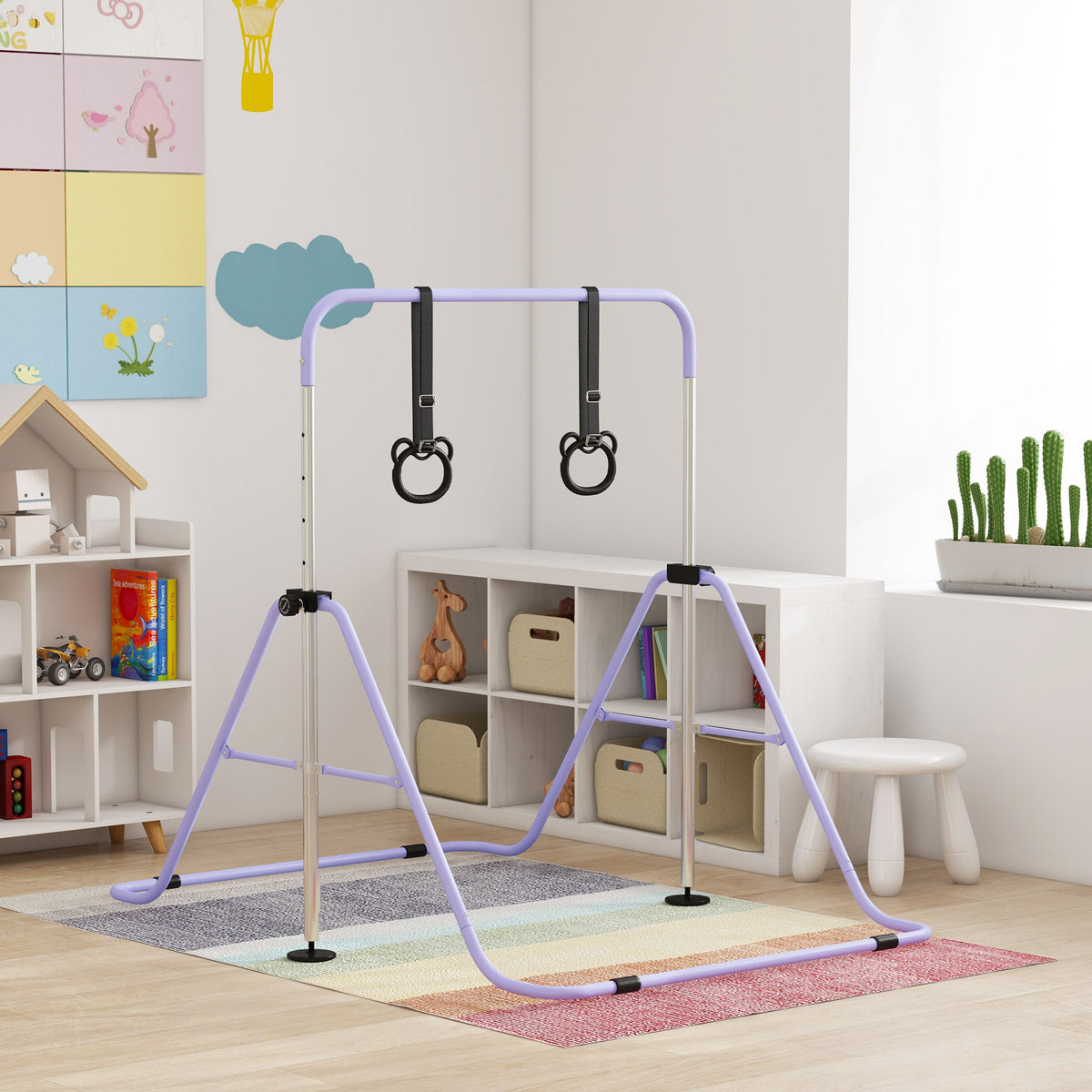 Adjustable Height, Foldable Kids Gymnastics Bar w/ Non-slip Rubber Floor Rings, for 3+ Years, Purple