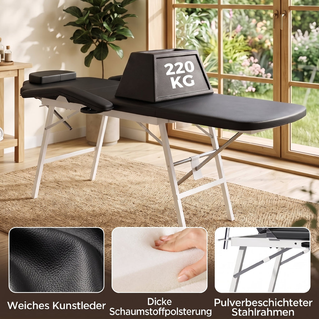 Tragbare Massageliege, 3-teilige verstellbare Kosmetikliege mit Gesichtsausschnitt, abnehmbarer Kopfstütze und Armlehnen