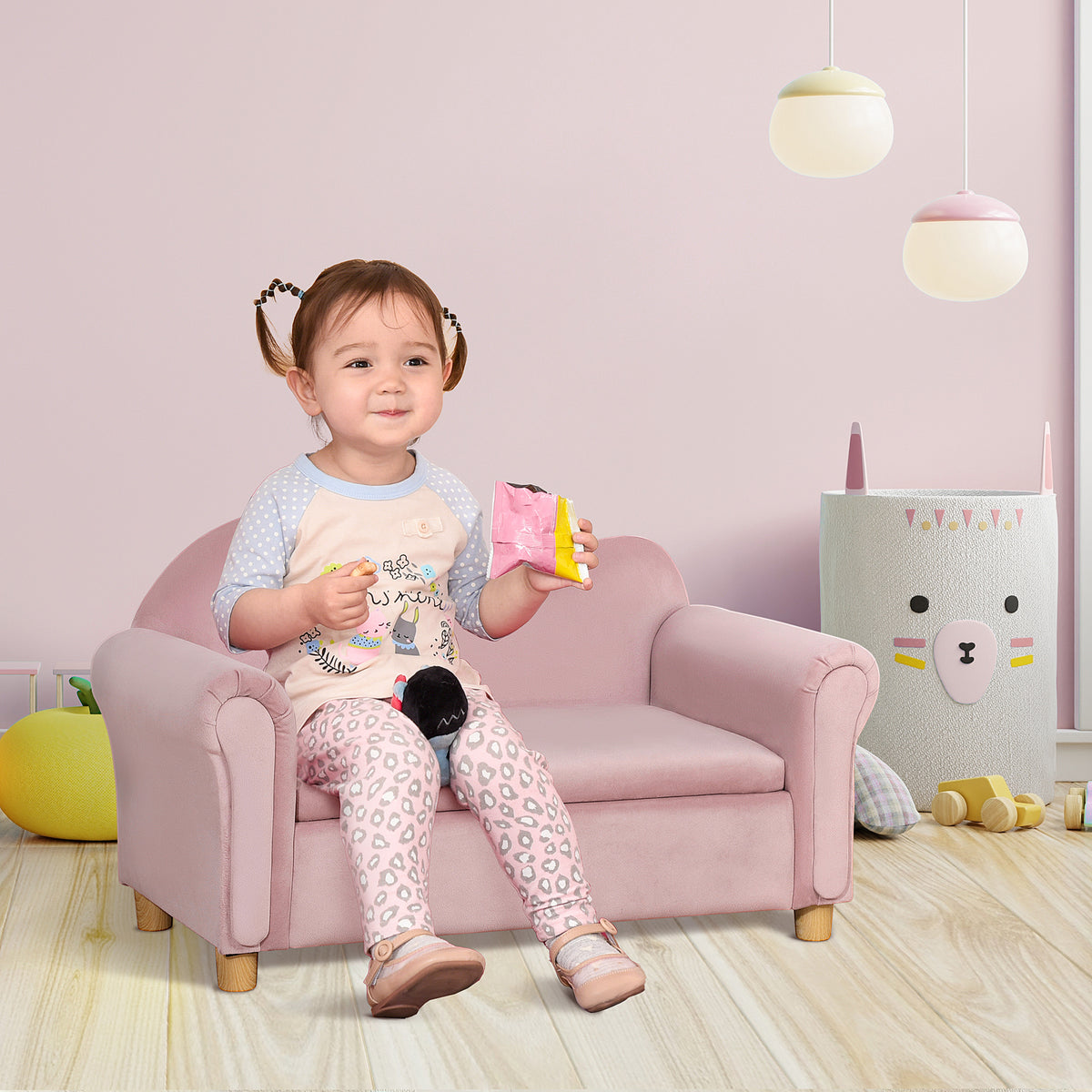 Kindersofa, Zweisitzer f¨¹r Kinder 3-5 Jahre, Stauraum, Naturholzrahmen, 84 x 41,5 x 48,5cm, rosa
