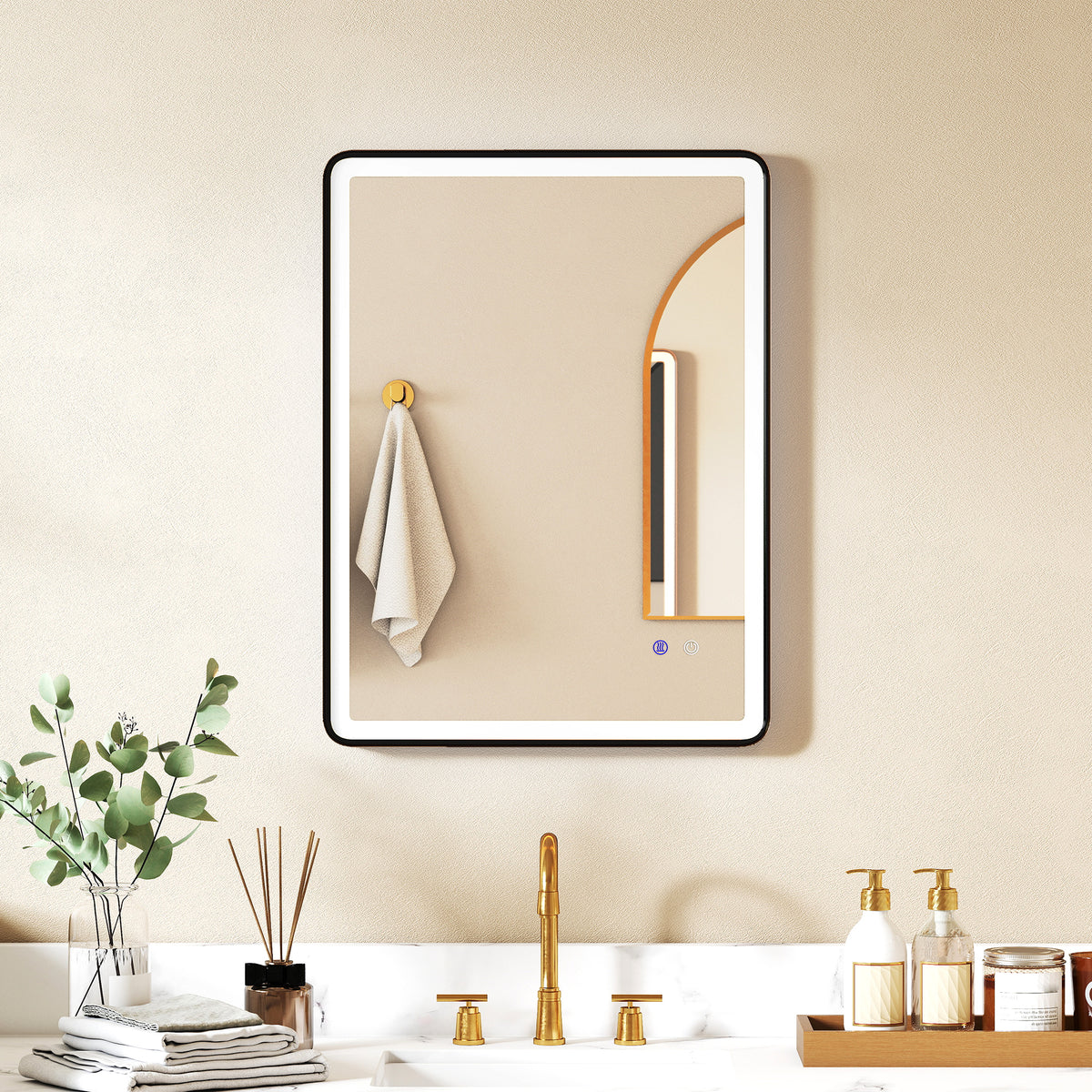 LED-Badezimmerspiegel Anti-Beschlag Dimmbare Schminkspiegel mit Beleuchtung 80 x 60 cm Schwarzer Rahmen