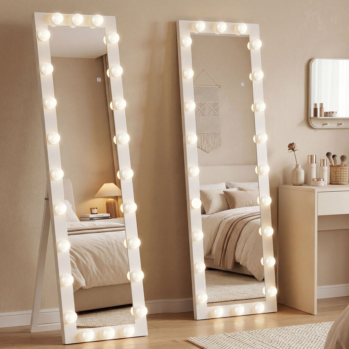 Ganzkörperspiegel 150x40 cm LED Spiegel mit 24 Glühbirnen 3 Lichtfarbe, freistehend oder anlehnbar Weiß