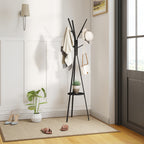 Freestanding Metal Coat Rack Stand 9 Hooks Clothes Tree with 1 Shelf Hat Display Hall Tree Hanger Bag Umbrella Hanging Organiser Black