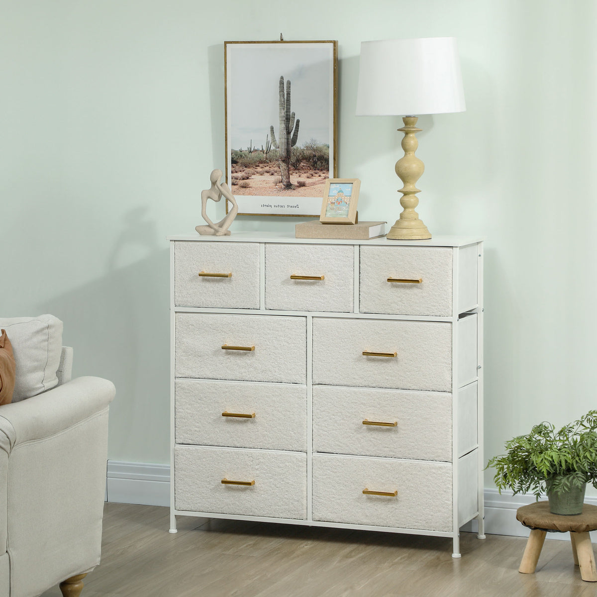 Chest of Drawers with 9 Fabric Drawers, Boucle Storage Organiser with Steel Frame, Fabric Dresser for Bedroom, Living Room, Hallway, Cream White