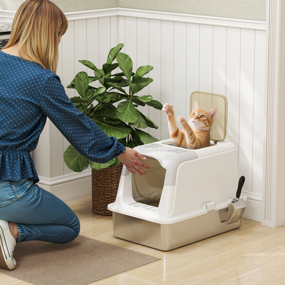 Extra Large Stainless Steel Litter Box, Enclosed Cat Litter Tray with Scoop, Deodorizer Bag, Front-Entry and Top-Exit
