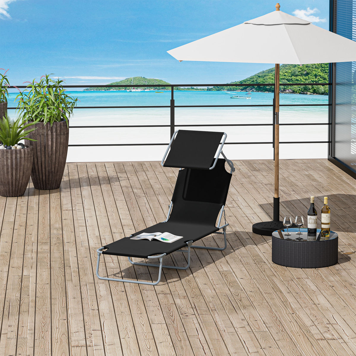  Sonnenliege klappbar Gartenliege mit Sonnenschutz Liegestuhl mit 4-Fach verstellbare Rückenlehne Campingliege bis 120kg belastbar für Garten, Balkon und Pool geeignet, 6 Farben(Schwarz )