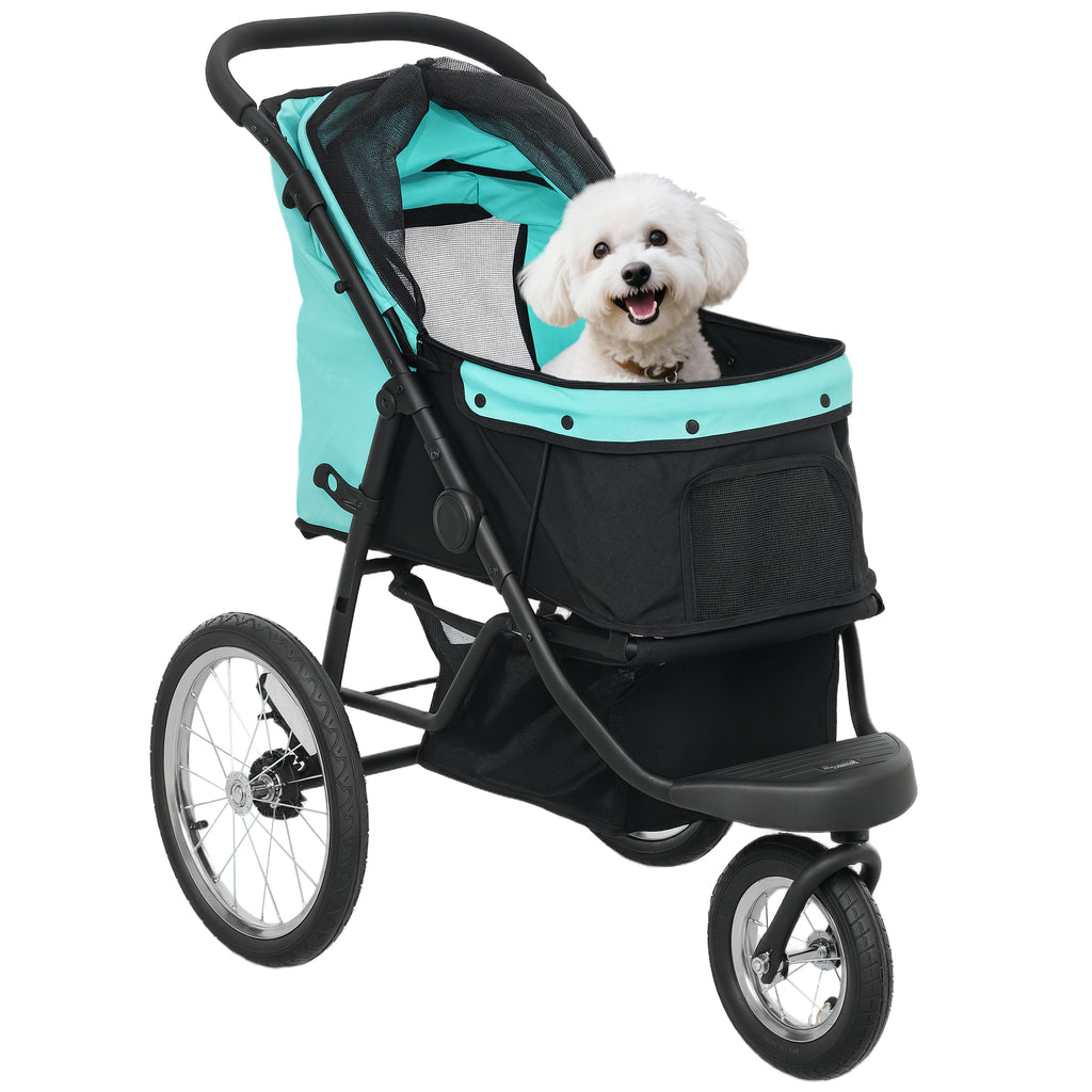Hundebuggy, Haustierwagen für kleine Hunde und Katzen, mit Aufbewahrungskorb, Ein-Klick-Faltdesign, Türkis