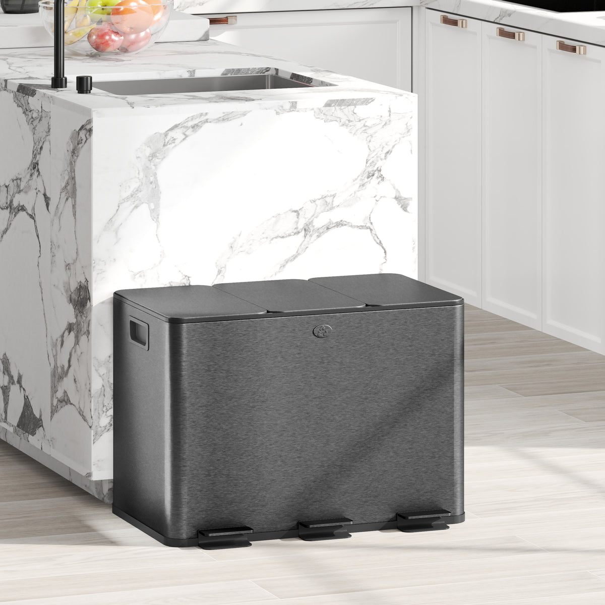 3 x 20L Pedal Bin, Steel Triple Kitchen Bin with Soft Close Lid, Removable Inner Buckets, Fingerprint-Proof, Black